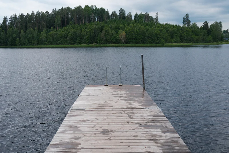 Wooden dock with rail posts extending into a calm lake with a forested shoreline in the background.